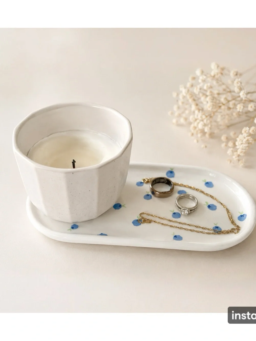 Ceramic White Jewelry Tray with Blue Dot Pattern and White Candle